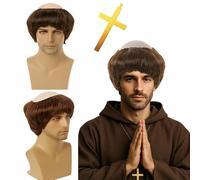 2pcs Funny Wig, Funny Wigs, Mens Wigs Friar Tonsure Costume Cap With Bowl Cut Brown Hair For Halloween Cosplay Party