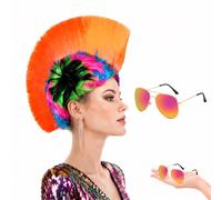 2PCS Funny Wig Set, Punk Rocker Mohawk Wig Accessories, Crazy Wig for Cosplay Conventions and Music Festivals, Set in Orange and Gold Frame Red Silver