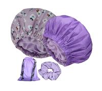 2Pcs Genergy Shower Cap Waterproof, Adjustable Shower Cap for Women Reusable, Luxury Shower Caps with Satin lining, Extra Large &Double Layers &Reversible Bonnet(Purple+ Purple flower)