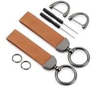 2PCS Genuine Leather Car Keychain, Leather Keyring Key Chain Ring Clip, Universal Key Fobs Key Chains for Men Women, 360 Degree Rotatable Brown Keyrings with Anti-Lost D-Ring Screw Cap Keyring