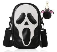 2PCS Ghost face Halloween Shoulder Bag and Key Chain, Halloween Ghost Purse Key Chain Pu Leather Ghostface Bag Gothic Ghost Handbags(Black)
