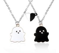 2Pcs Ghost Pendant Best Friend Necklace, Enamel Mutual Attraction Heart Magnet Matching Necklaces Bff Necklace Choker for 2 Girls Halloween Jewelry Party Birthday Gift for Girls (White, Black)