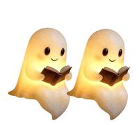 2PCS Ghost Reading Book Lamp,Halloween Light Up Ghost Statue Night Light,Ghosts Warm Lighted Indoor Figurine Lamps,Light up Halloween House Mantel Table Decor for Bedroom Shelf Table Centerpiece