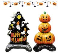 2Pcs Giant Scary Pumpkin Castle Balloons Happy Halloween Spooky Ghost Foil Mylar Balloons Set Day of the Dead Inflatable Decorations for Halloween Party Wall Decorations