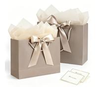 2PCS Gift Bags Set, 12.6×10×4 Inches Large Gift Wrap Bags with Handles 4 Tissue Paper 2 Ribbon 2 Greeting Cards, Cute Present Bag for Wedding Birthday Engagement Party Favor (Champagne)