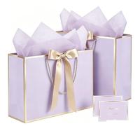 2PCS Gift Bags Set, 12.6×10×4 Inches Large Gift Wrap Bags with Handles 4 Tissue Paper 2 Ribbon 2 Greeting Cards, Cute Present Bag for Wedding Birthday Engagement Party Favor (Light Purple and Gold)