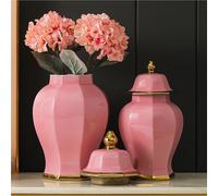 2pcs Ginger Jar Ceramic Vase Ornaments Office Villa Decoration Jingdezhen Modern(Pink)