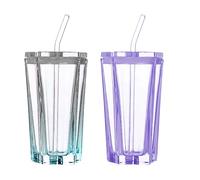 2Pcs Glass Cups with Lid and Straw, Drinking Glasses Pentagram Shaped Glass Tumbler Cups, Glass Drinking Jars Ice Coffee Cup Color Glass Tumbler Cup for Soda Cocktail Whiskey Coffee Tea Water(#4)