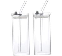 2PCS Glass Cups with Lids and Straws, 400ml Square Drinking Glasses, Temperature Resistant Portable Drinking Cup for Iced Coffee Juice Beverage and More Glass Cups with Lids and Straws