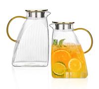 2PCS Glass Pitcher, 1.8L Glass Pitchers with Lids - Borosilicate Heat-Resistant Water Jugs for Iced Tea, Juice & Infused Water - Leakproof Stainless Steel Lid, Vertical Stripe Design