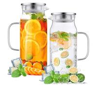 2Pcs Glass Water Jug, 1600ml Glass Pitcher with Lid and Spout, Large Capacity Transparent Water Jug for Juice Beverage Jar Ice Tea, Coffee