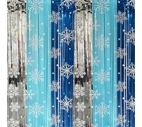 2pcs Glitter Christmas Ice Blue Silver Snowflake Tinsel Curtain Door Foil Fringe Curtain Backdrop,3.2x6.5ft Xmas Party Streamers Curtains Stage Backdrop Frozen Decorations for Holiday Xmas Party