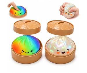 2Pcs Glitter Dumpling Squishy, Big Mystery Dumplings Squishies Box, Cute Bao Bun Fidget Real Office Desk Decor, Soft Sensory Squeeze Ball with Steamer for Anxiety Stress Relief, Novelty Surprise Gift