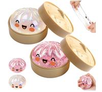 2Pcs Glitter Dumpling Squishy, Squishys Dumplings Stress Fidget, Bao Bun Squishy, Sensory Stress Ball Toys with Steamer Box, Mystery Dumpling Squishies for Kids & Adults（Pink+White）