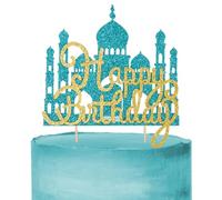 2Pcs Glitter Princess Cake Topper Set with Lake Blue Castle Gold Happy Birthday Cake Toppers Jasmine Crown Cupcake Topper for Arabian Princess Birthday Baby Shower Costume Summer Party Decor