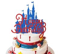 2Pcs Glitter Princess Cake Topper Set with Royal Blue Castle Happy Birthday Cake Toppers Red Rose Apple Cupcake Toppers for Princess Birthday Winter Wonderland Forest Baby Shower Party Decor