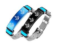 2pcs Glow in The Dark Stainless Steel Free Mason Bracelets, Adjustable Luminous Masonic Symbol Bracelet, Matching Square & Compass Mesh Wristbands, Freemason Brotherhood Jewellery Gift for Men