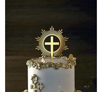 2Pcs Gold Cross Cake Topper with Round Sunburst Design, Acrylic Religious Cake Decoration for Baptism, Christening, Baby Shower