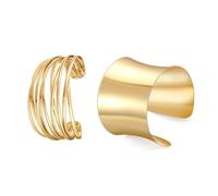2PCS Gold Cuff Bracelet for Women, Chunky Open Cuff Bangles Bracelet Boho Stackable Bracelets Adjustable Wide Bracelets for Women Teen Girls (Gold Bangle Set 3)