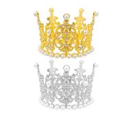 2PCS Gold Silver Crown Cake Decoration, Pearl Rhinestone Crown Cake Topper Adornment Mini Tiara Birthday Cake Decorations for Birthday Party Wedding