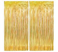 2pcs Gold Tinsel Curtain Party Backdrop - Gold Foil Fringe Tinsel Curtain Streamers, Golden Backdrop for Golden Birthday Party Decorations New Year's Eve Disco Party Prom Leavers Decoration 1m x 2m