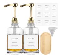 2PCS Golden Coffee Syrup Dispenser 500ml/ 16.9oz, Syrup Dispenser with Single Pump, 500ml Syrup Dispensers Bottle with Labels and Funnel&Tray for Home, Kitchen Coffee Bar Accessories(Gold)