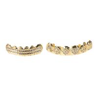 2pcs Golden Rhinestone Poker Style Teeth Grills, 6-tooth Removable | Copper Mouthpiece, Quick on Fit, Upper or Lower Teeth, Women Performers, Nightlife and Social Settings