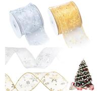 2Pcs Golden Silver Glitter Snowflake Christmas Organza Ribbon Wired 2.5 Inch X9.8 Yard