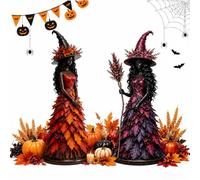 2Pcs Gothic Enchanted Autumn Witch Figurine for Harvest Ornaments Halloween Resin Craft Leaves Gown Statue Decor Tree Seasonal Sculpture Decorative for Home Tabletop Shelf Display (Orange,Purple)