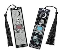 2PCS Gothic Skeleton Tarot Metal Bookmark,Creative Skull Bookmark with Tassels,Gothic Horror Book Mark,Personalised Book Lover Gifts for Friends,Birthday Halloween Christmas,Black+White