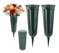 2Pcs Grave Vases with Spikes - Memorial Grave Flower Pots mit Floral Foam Green Strong Plastic Flower Holders Cemetery Ornaments Fresh or Artificial Flowers Vases for Headstone Graveside