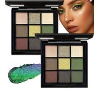 2PCS Green Cat Eye Eyeshadow Palette,9 Colors Glitter Green Eyeshadows,Long-Lasting Gr/een Shimmer Palette with Brushes,Gre/en Glitter Eyeshad/ow Pal/ette,Fit Christmas Cat-Eye Eyesh/adow Pale/tte