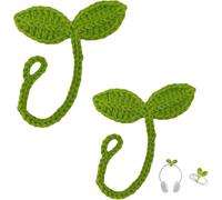2pcs Green Crochet Leaf Sprout, Lucky Handmade Knitted Sprout Headphone Accessories, Leaf Headset Attachment, Multi-Functional Cute Cable Tie Crocheted Knitting Plant Bookmark Gift for Book Lovers