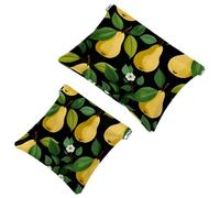 2Pcs Green Leaves and Yellow Pears-2003 Pocket Cosmetic Bag for Purses, Waterproof Makeup Bag Cosmetic Pouch, Portable No Zipper Makeup Bag, Multicolor 08, A:7.1x5.8in/18x14.8cm,B:4.7x4.5in/12x11.5cm