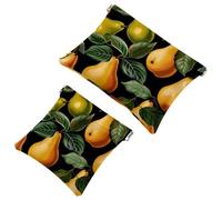 2Pcs Green Leaves and Yellow Pears-2003 Pocket Cosmetic Bag for Purses, Waterproof Makeup Bag Cosmetic Pouch, Portable No Zipper Makeup Bag, Multicolor 02, A:7.1x5.8in/18x14.8cm,B:4.7x4.5in/12x11.5cm