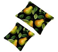 2Pcs Green Leaves and Yellow Pears-2003 Pocket Cosmetic Bag for Purses, Waterproof Makeup Bag Cosmetic Pouch, Portable No Zipper Makeup Bag, Multicolor 10, A:7.1x5.8in/18x14.8cm,B:4.7x4.5in/12x11.5cm