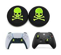 2pcs Green Skull & Cross Bones Silicone Rubber Analog Thumb Stick Grip Cover Caps, Compatible with PS5, PS4, Xbox Series S|X & Xbox One Controllers