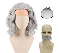 2Pcs Grey Curly Wig for Men Bald Forehead Costume Wig with Gray White Beard Wig Cap Men's Cosplay Synthetic Layered Hair Man Wigs for Costumes Cosplay Halloween Carnival Parties Anime