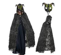 2Pcs Grim Reaper Cloak Goat Skull Mask Black Dune Cape with Hood Halloween Cosplay Witch Wizard Devil Demon Costume