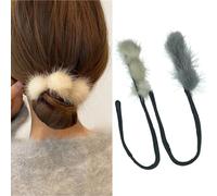 2PCS Hair Bun Maker French Donut Hairstyle Twist Bun Maker with Pompon Decoration Vintage Ponytail Maker Bun Shaper Hair Modelling Tool Cute Hair Accessories For Women Girls(gray+beige)