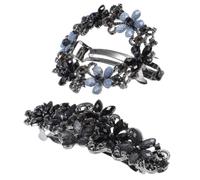 2pcs Hair Clips Spring Rhinestone Vintage for Women Wedding Party | Metal Spring Design, Secure Hold for Daily Wear, Elegant Minimalist Style, Black Blue Curve Flower 6cm Set