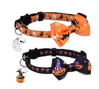 2pcs Halloween Cat Collar, Adjustable Cat Collar Bow Tie Breakaway Ghost Pumpkin Pattern Kitty Collar with Bell Decoration Accessories for Puppy Kitten