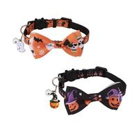 2pcs Halloween Cat Collar,Adjustable Cat Collar Breakaway with Removable Bow Tie with Bell,Ghost Pumpkin Pattern Kitty Collar for Dog Kitten Decoration Accessories Pet Supplies(Black,Orange)