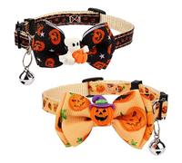 2pcs Halloween Cat Collar, Adjustable with Bow Printed Pumpkin Ghost Pattern, Breakaway with Silver Bell, Cute Collar for Kitten & Puppy