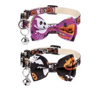 2pcs Halloween Cat Collar Breakaway, Adjustable Cat Collar with Bell Pumpkin Ghost Bat Halloween Cat Collar Bow Tie Kitten Decoration Accessories (Purple, Black)