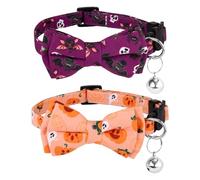 2pcs Halloween Cat Collar with Bell, Cat Collar Adjustable With Bow Tie Bat Skull Fall Pumpkin Print Kitty Bowtie Halloween Decoration Accessories for Kitten Dog