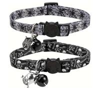 2PCS Halloween Cat Collar With Bell Skull Pendants Adjustable Cat Collar Spooky Decoration Accessories For Small & Medium Pets Kitten 19-32cm