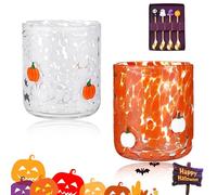 2Pcs Halloween Icon Juice Glasses, Halloween Glasses Pumpkin, 500ml Icon Stemless Drinking Pumpkin Glasses Set,Glasses Drinking for Party Supplies & Gift (A Type (2Pcs Cups + 4Pcs Spoons))