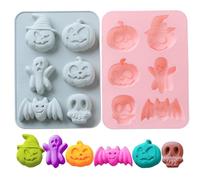 2Pcs Halloween Molds, 6 Cavity Pumpkin Bat Skull Ghost Shape Silicone Molds for Chocolate Candy Gummy Jello Ice Cube Crayon Melt Biscuits Halloween, Silicone