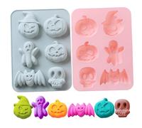 2Pcs Halloween Molds, 6 Cavity Pumpkin Bat Skull Ghost Shape Silicone Molds for Chocolate Candy Gummy Jello Ice Cube Crayon Melt Biscuits Halloween, Silicone